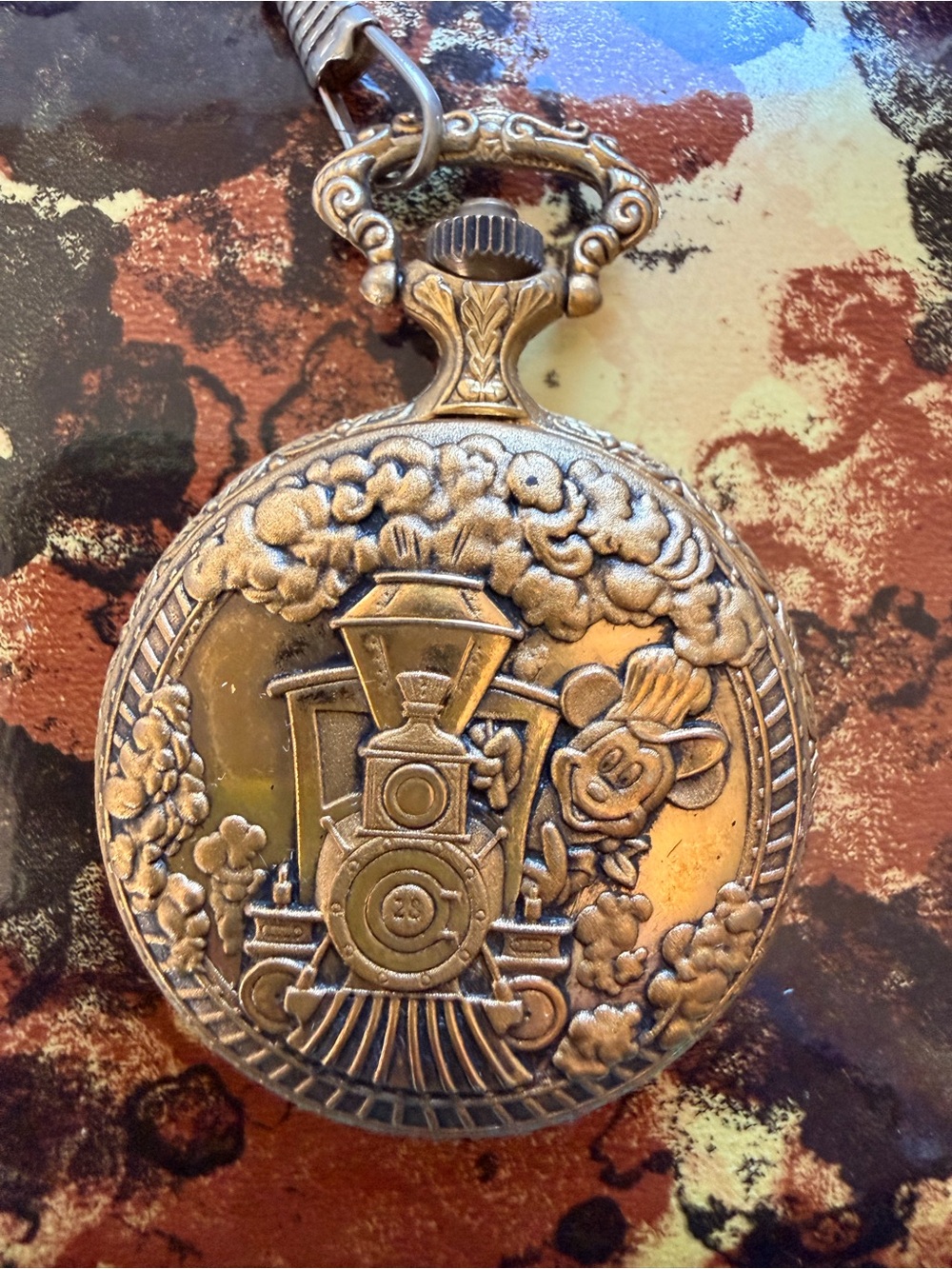 Disney Brass-Tone Embossed Train Pocket Watch Accent